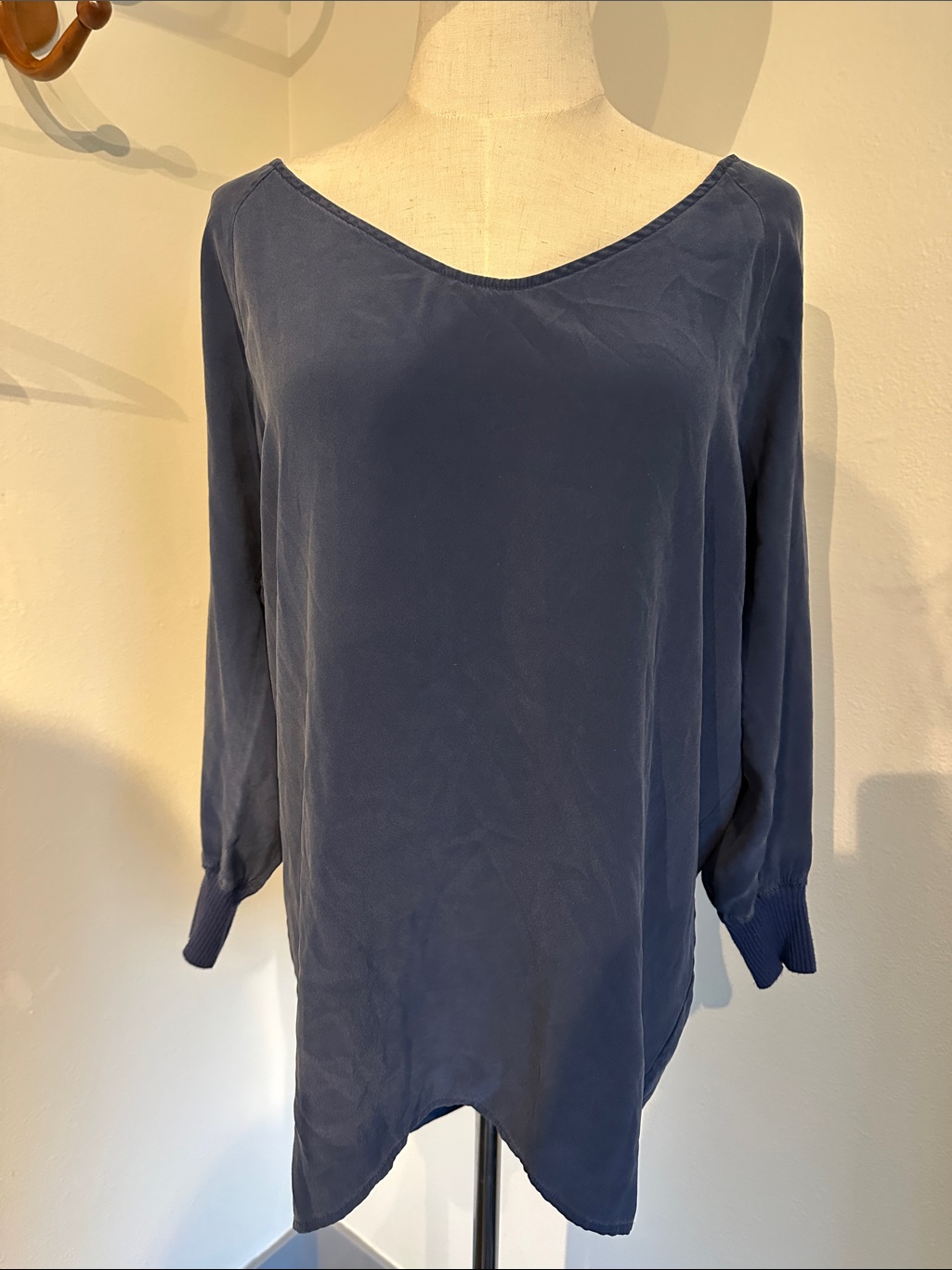 95% Silk Blend Soft Blue Wide V-Neck Blouse — image 4 of 8